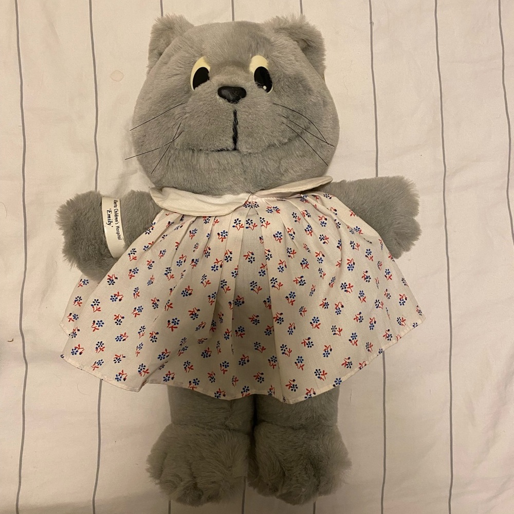 Charming Gray Plush Cat in Floral Dress
